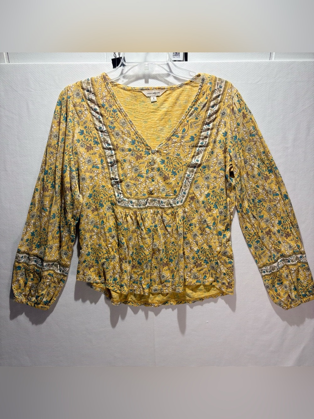 Lucky Brand Yellow Floral V-Neck Peasant Top